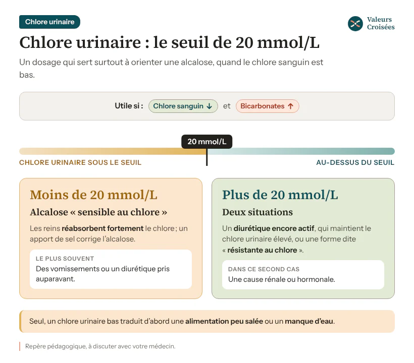 Chlore urinaire : ce que change le seuil de 20 mmol/L Chlore urinaire, utile si le chlore sanguin est bas et les bicarbonates élevés : sous 20 mmol/L, alcalose sensible au chlore (vomissements ou diurétique pris auparavant) ; au-dessus, diurétique encore actif ou forme dite résistante au chlore, de cause rénale ou hormonale.