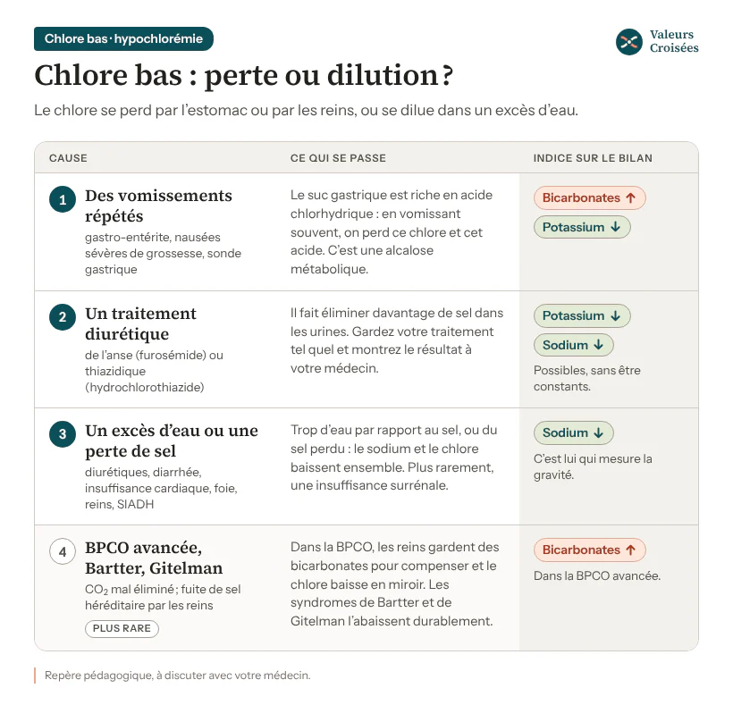 Chlore bas dans le sang (hypochlorémie) : les causes et leurs indices Carte des causes d’un chlore bas : vomissements répétés (bicarbonates hauts, potassium bas), diurétiques comme le furosémide ou l’hydrochlorothiazide (potassium et sodium parfois bas), excès d’eau ou perte de sel (sodium bas), et plus rarement BPCO avancée ou syndromes de Bartter et de Gitelman.
