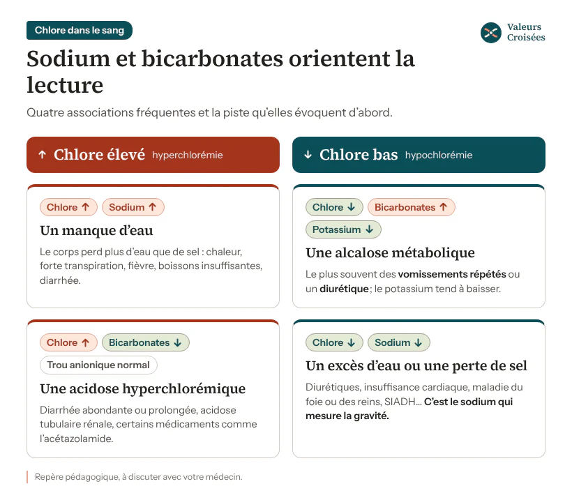 Chlore élevé ou bas : ce qu’ajoutent le sodium et les bicarbonates Tableau de lecture en quatre cas : chlore et sodium élevés évoquent un manque d’eau ; chlore élevé avec bicarbonates bas, une acidose métabolique hyperchlorémique ; chlore bas avec bicarbonates élevés, une alcalose métabolique ; chlore et sodium bas, un excès d’eau ou une perte de sel.