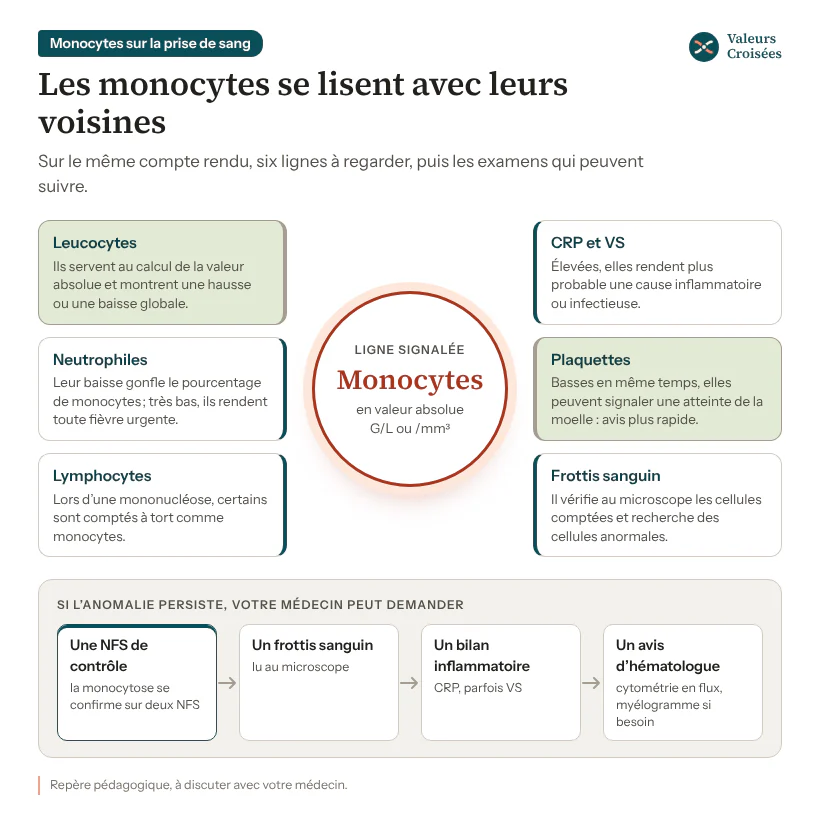 Monocytes : les lignes du bilan à croiser et les examens qui peuvent suivre Schéma : les monocytes au centre, entourés des lignes à lire avec eux (leucocytes, neutrophiles, lymphocytes, CRP et VS, plaquettes, frottis sanguin), puis les examens qui peuvent suivre : NFS de contrôle, frottis, bilan inflammatoire, avis d’hématologue.